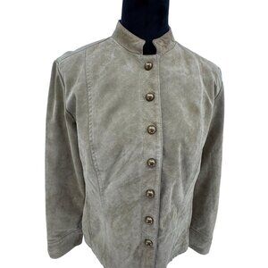 Live A Little Womens Leather Button Up Jacket Beige Size 16 Mandarian Collar Vtg